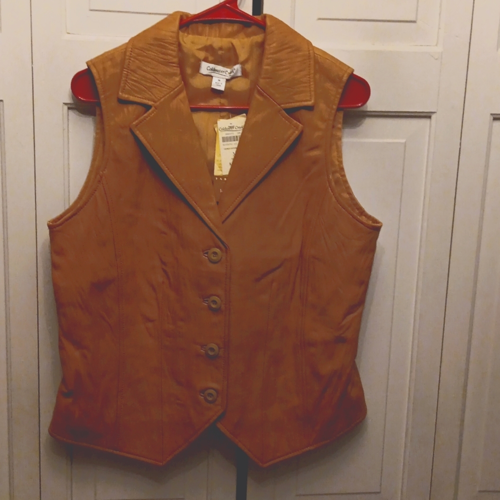 Women Crinkle/Burnt Orange Leather Vest M New with tags By Coldwater Creek